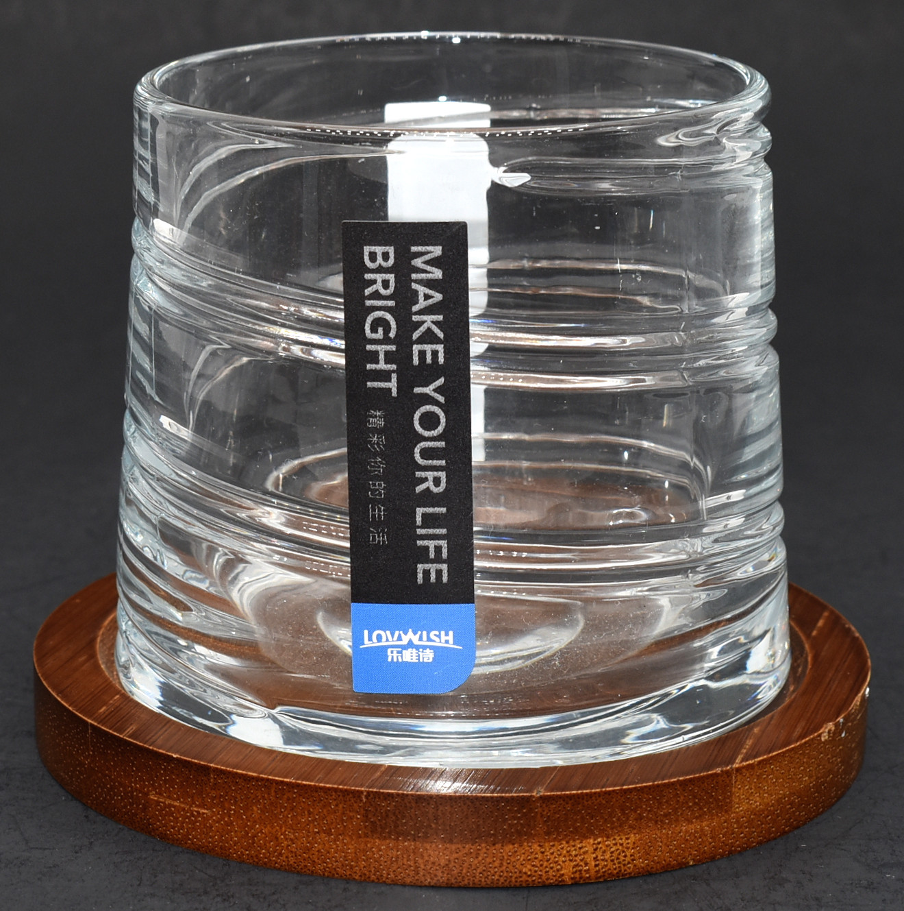 WHISKEY GLASS SET,  2 PC,  GLASS WOODEN COASTER,  LINES