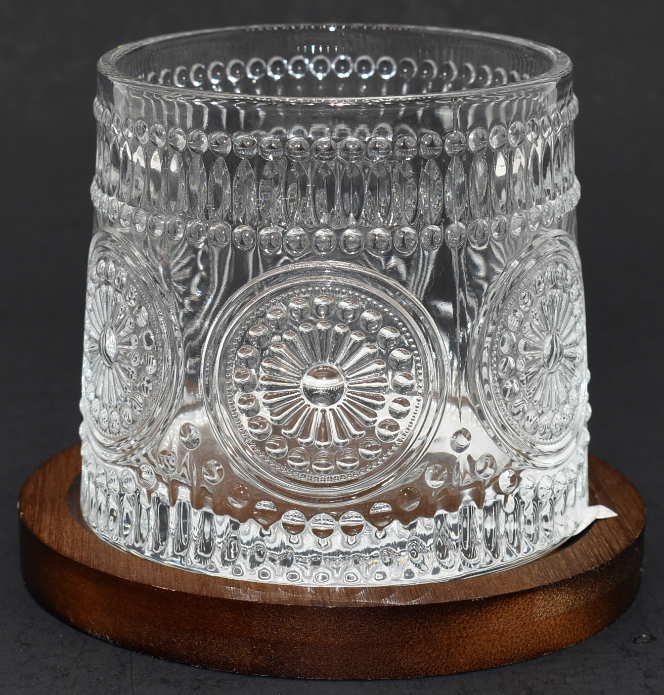 WHISKEY GLASS SET,  2 PC,  GLASS WOODEN COASTER,  LEMONS