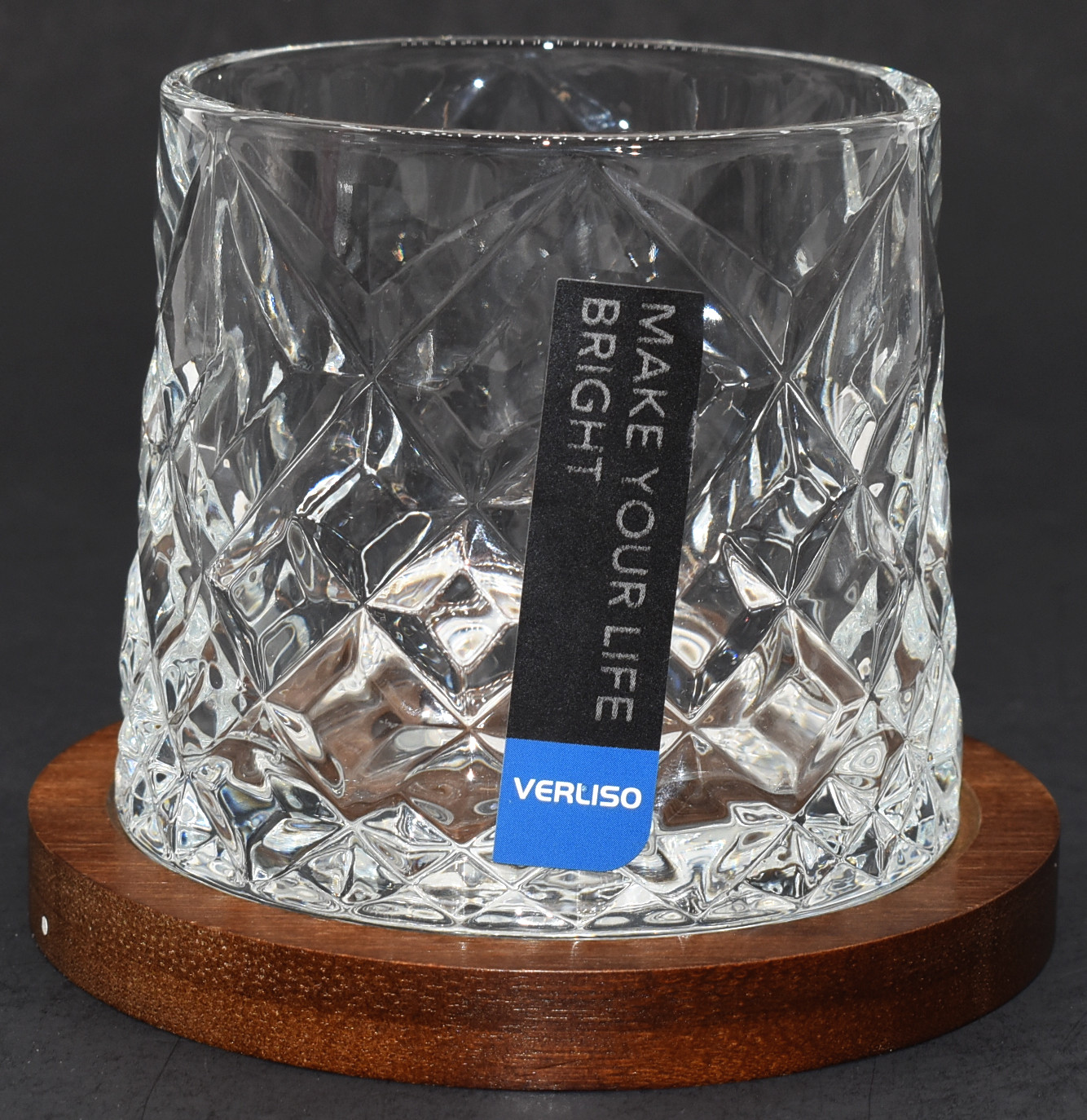 WHISKEY GLASS SET,  2 PC,  GLASS WOODEN COASTER,  CRYSTAL