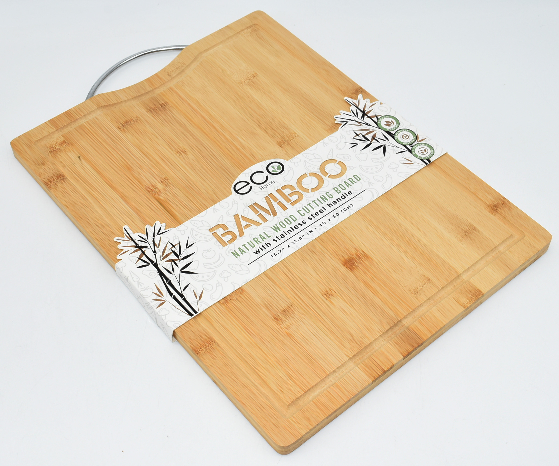 CUTTING BOARD,  BAMBOO,  15.5X12 STAINLESS STEEL HANDLE