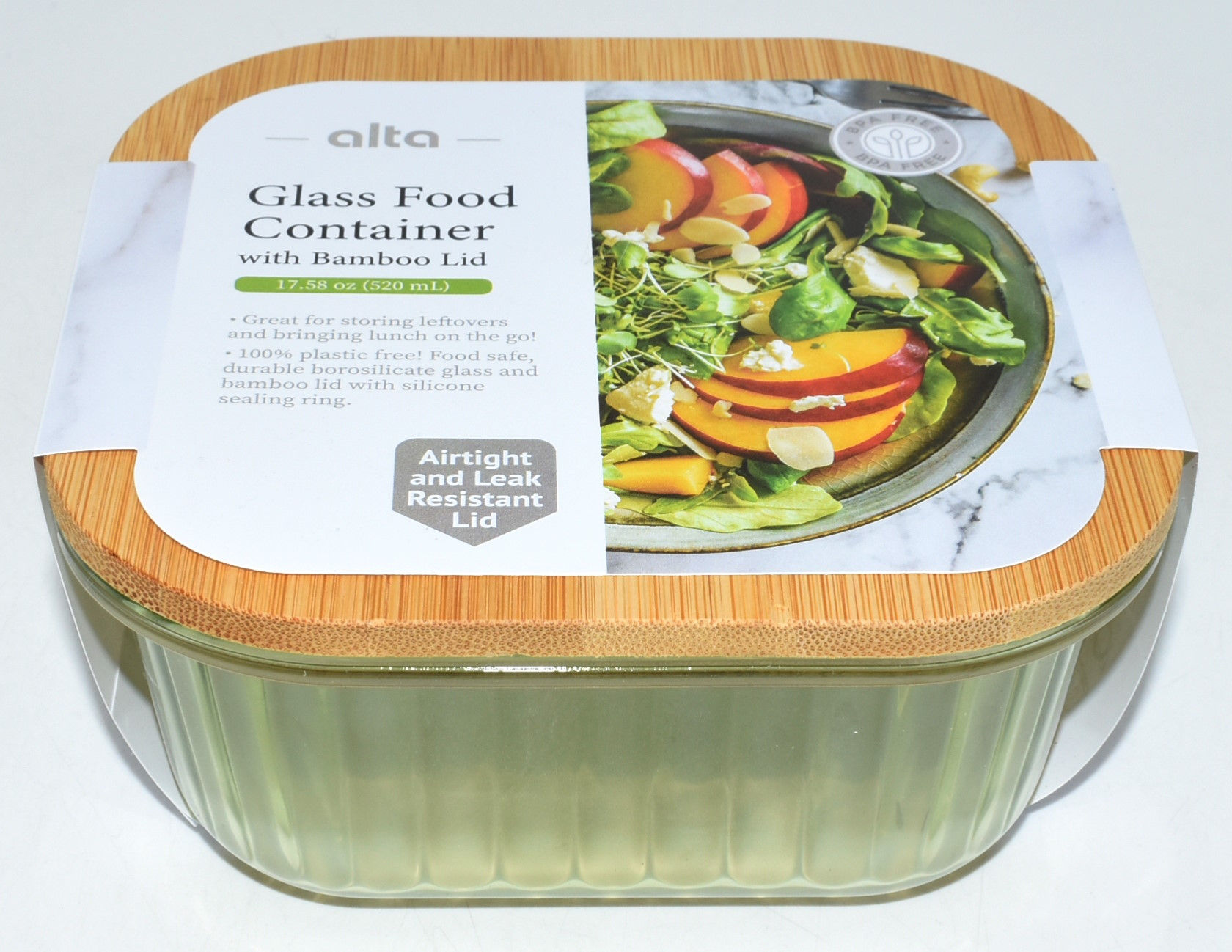 STORAGE,  FOOD,  18 OZ,  SQUARE GLASS,  BAMBOO LID,  GREEN