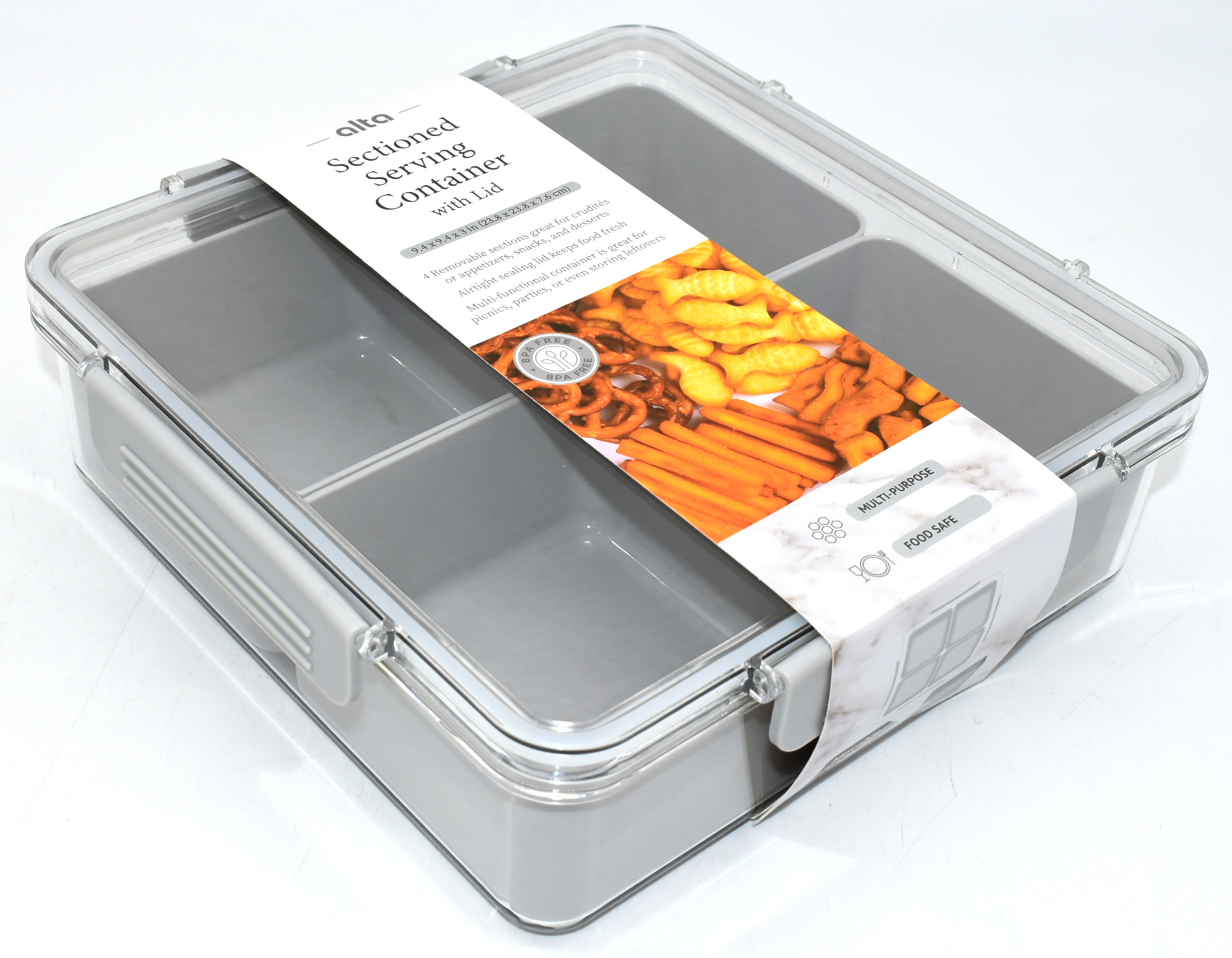 FOOD STORAGE,  4 SECTION SERVER LOCKING LID,  9X9X3,  GREY