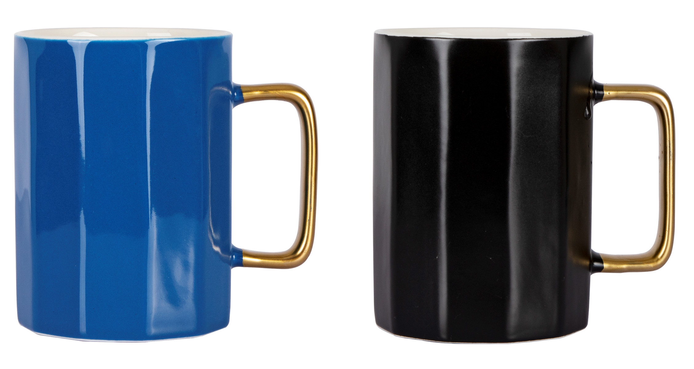 MUG, 13OZ, ASST.BLUE, BLACK, GOLD HANDLE, STONEWARE, PREPRICE 3.00