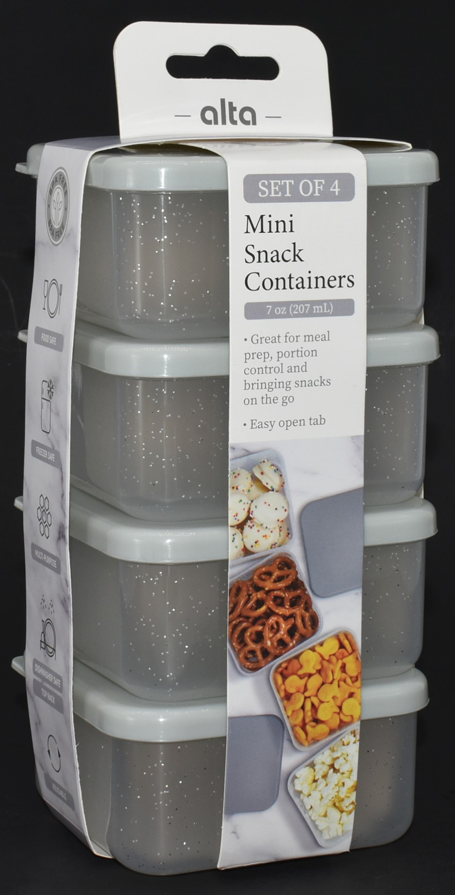 FOOD STORAGE,  4 PK,  7 OZ,  MINI SNACK,  GLITTER,  NICKEL