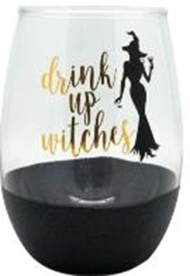 GLASS, STEMLESS, WINE,  22 OZ,  BLK. GLITTER BOTTOM,  GOLD FOIL