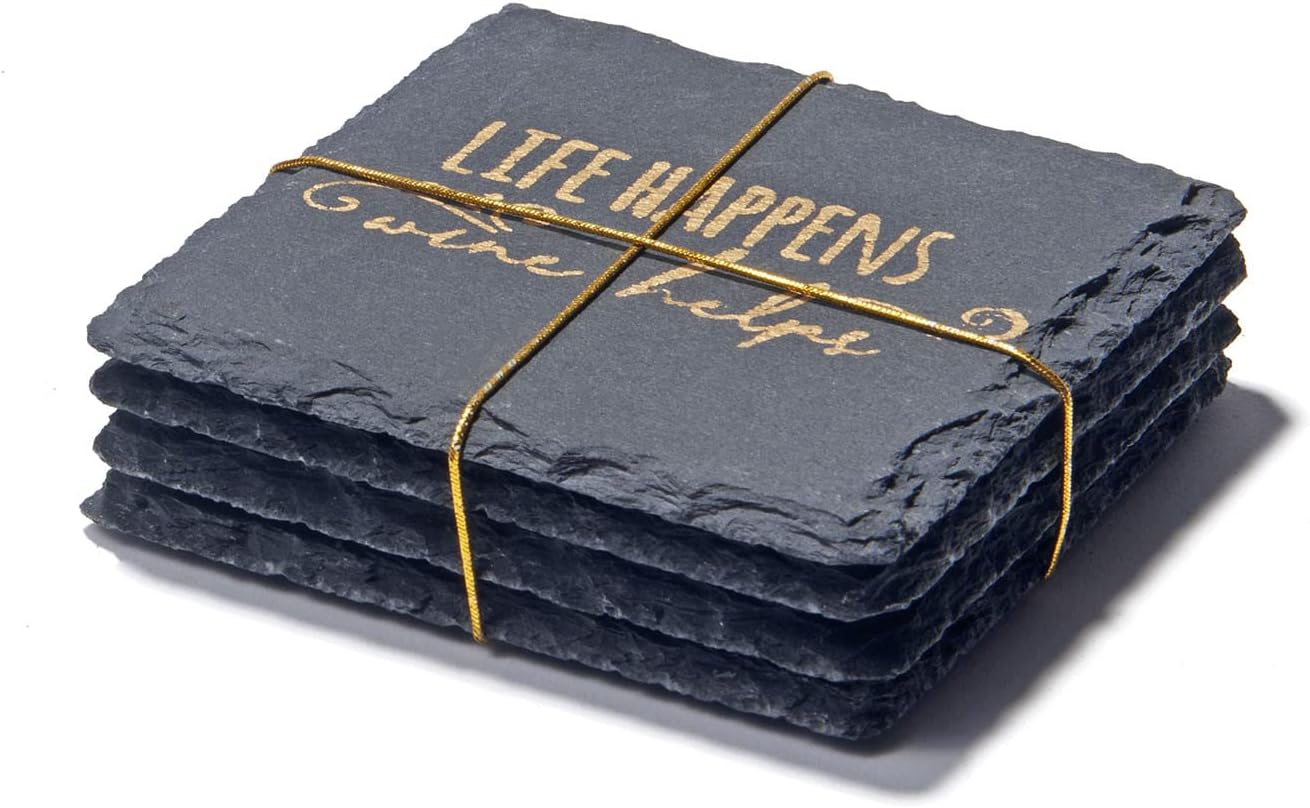 COASTERS, 4PC SET, 4X4, LIFE HAPPENS, GOLD, SLATE