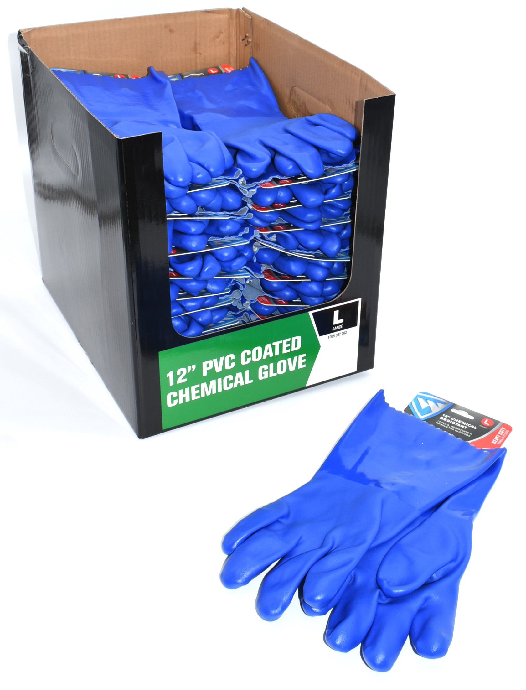 GLOVES, LARGE, 12IN, BLUE, PVC, PDQ CHEMICAL RESISTANT, HEAVY DUTY