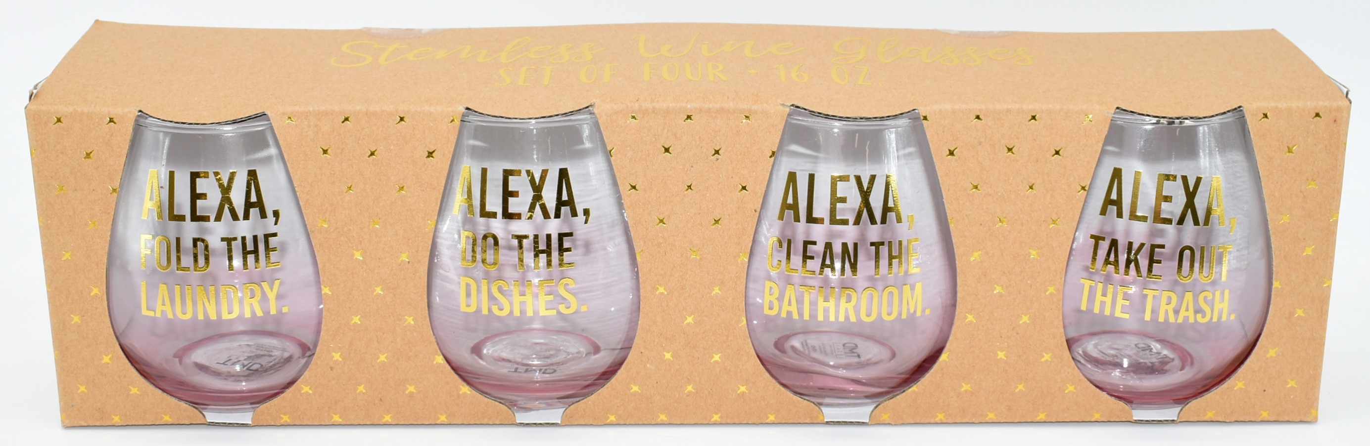 GLASS, STEMLESS, 4PC SET, 16OZ,  ALEXA SAYING, PINK, GOLD FOIL