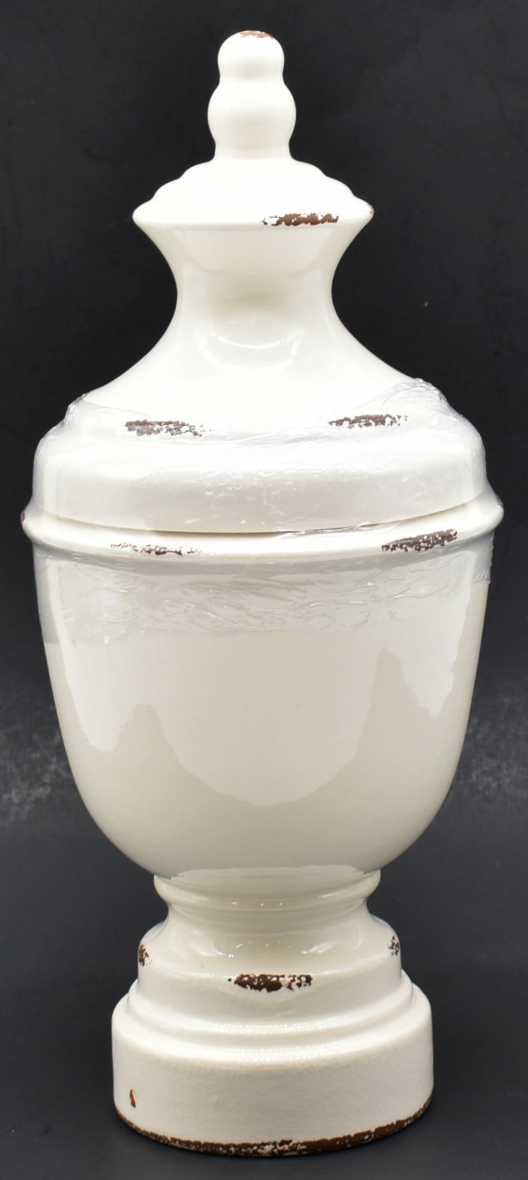 VASE, 11.7IN, ANTIQUE WHITE, WITH LID