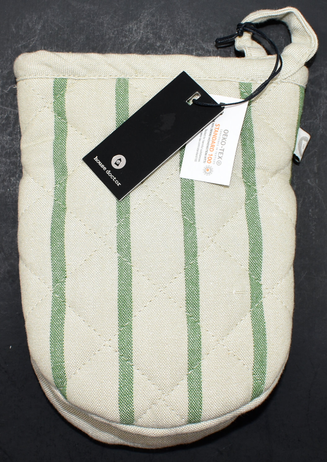 OVEN MITT,  MINI,  TAN WITH GREEN STRIPE