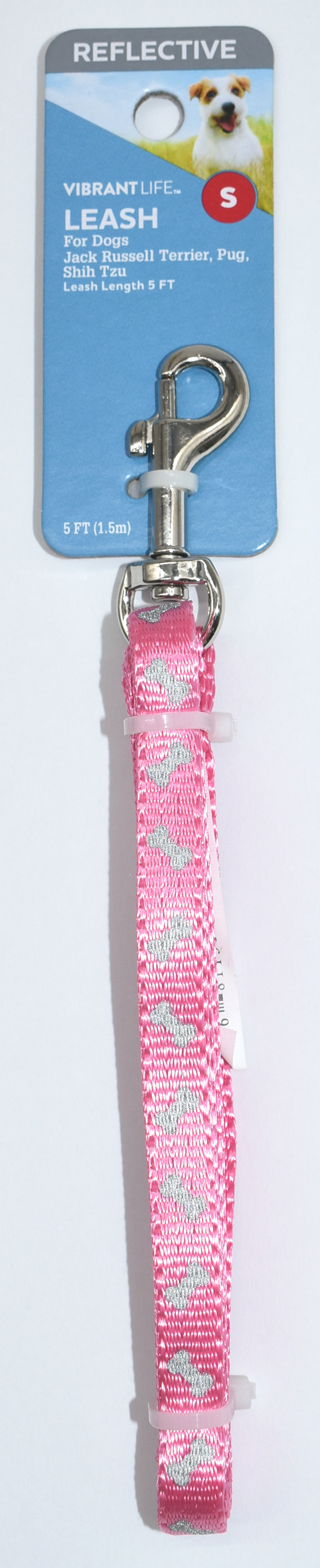 DOG LEASH,  5 FT,  REFLECTIVE,  PINK,  BONES,  FOR SMALL DOGS