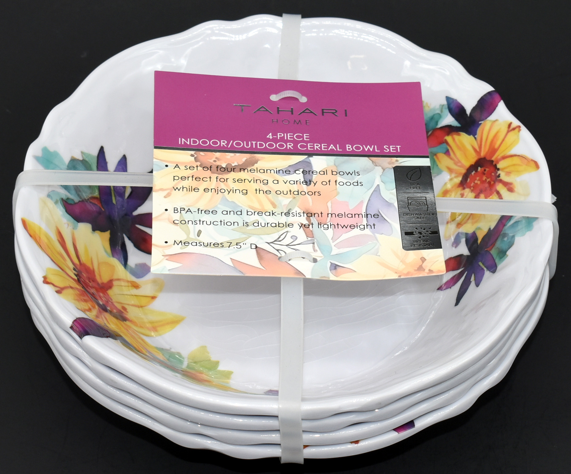 CEREAL BOWLS 4PC SET, WATERCOLR FLORAL, MELAMINE, TAHARI