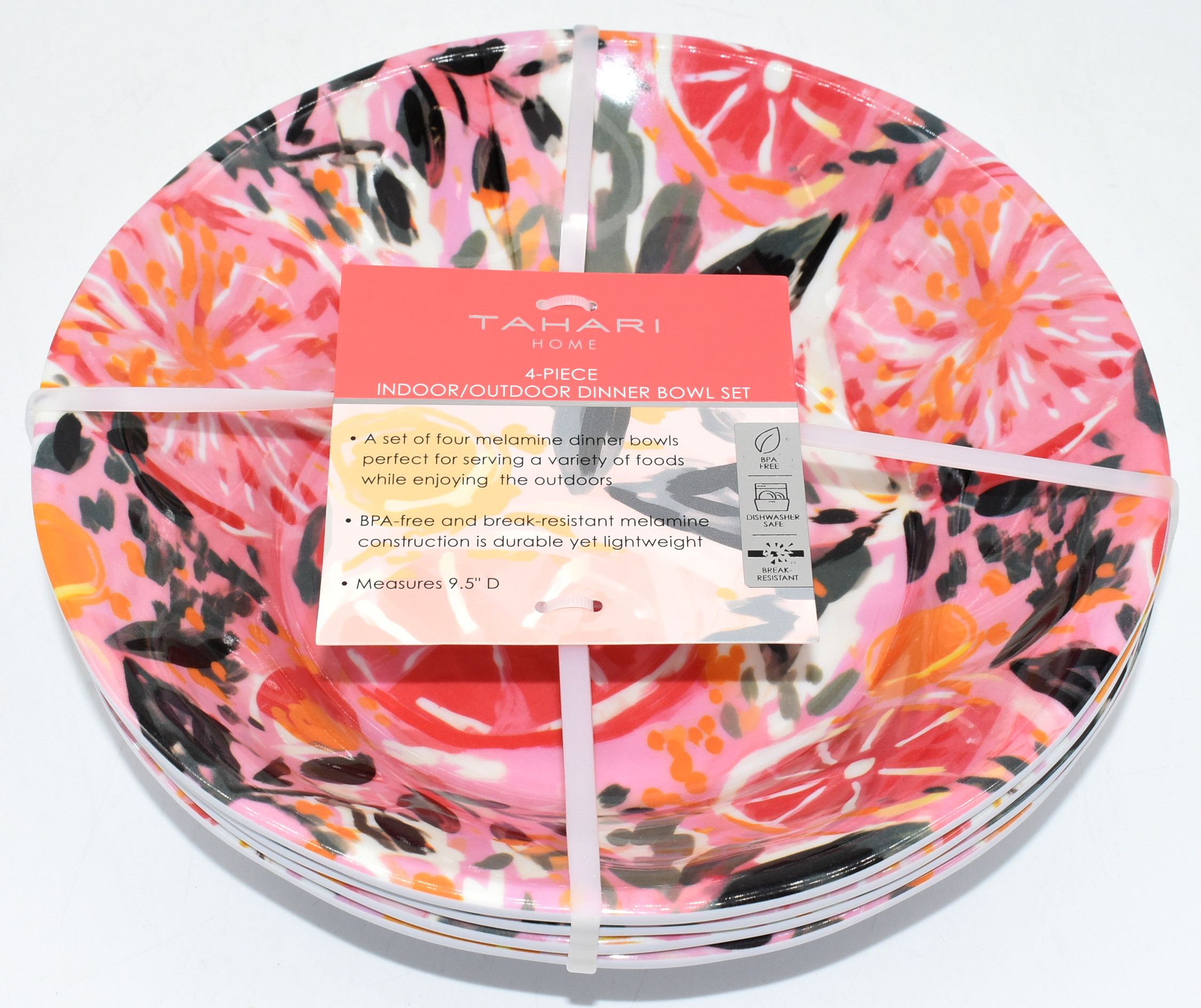 DINNER BOWLS 4PC SET, BRSHSTRKE FRUITS, MELAMINE, TAHARI