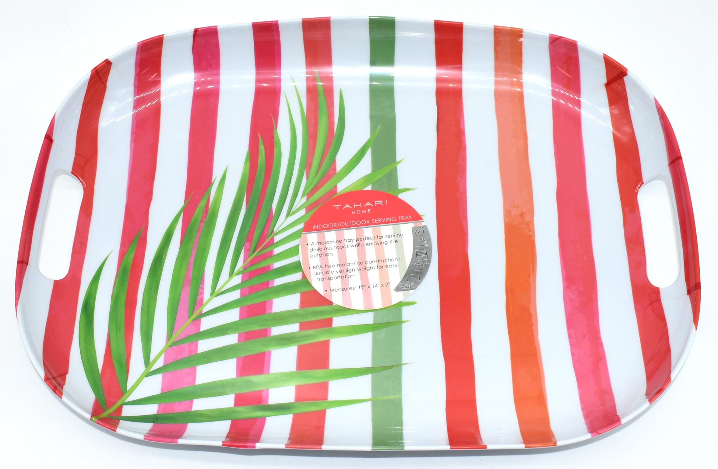 SERVING TRAY, 19X14X2, TROPICAL STRIPES, W/HANDLES, TAHARI
