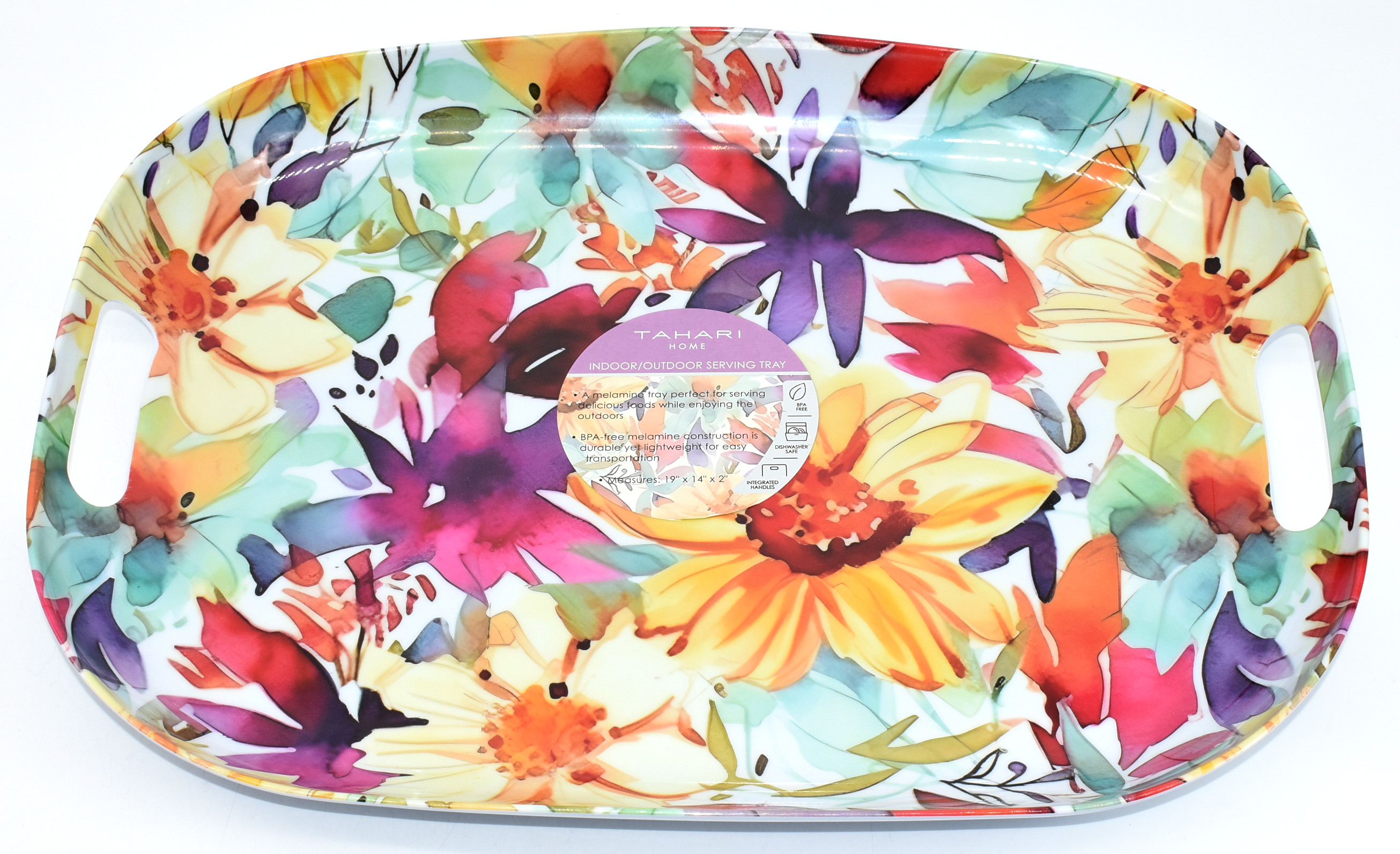 SERVING TRAY, 19X14X2, W/HANDLES WATERCOLOR FLORAL, TAHARI