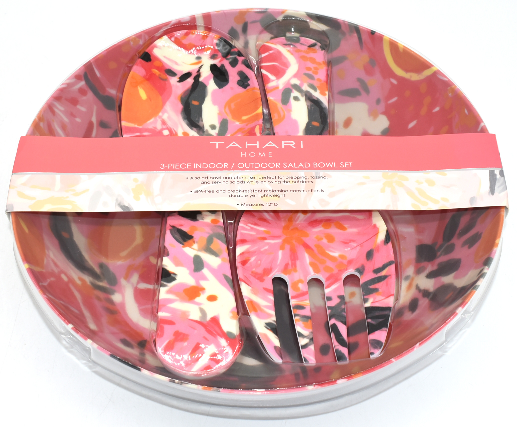 SALAD BOWL/SERVING UTENSIL SET BRUSHSTROKE FRUITS, TAHARI
