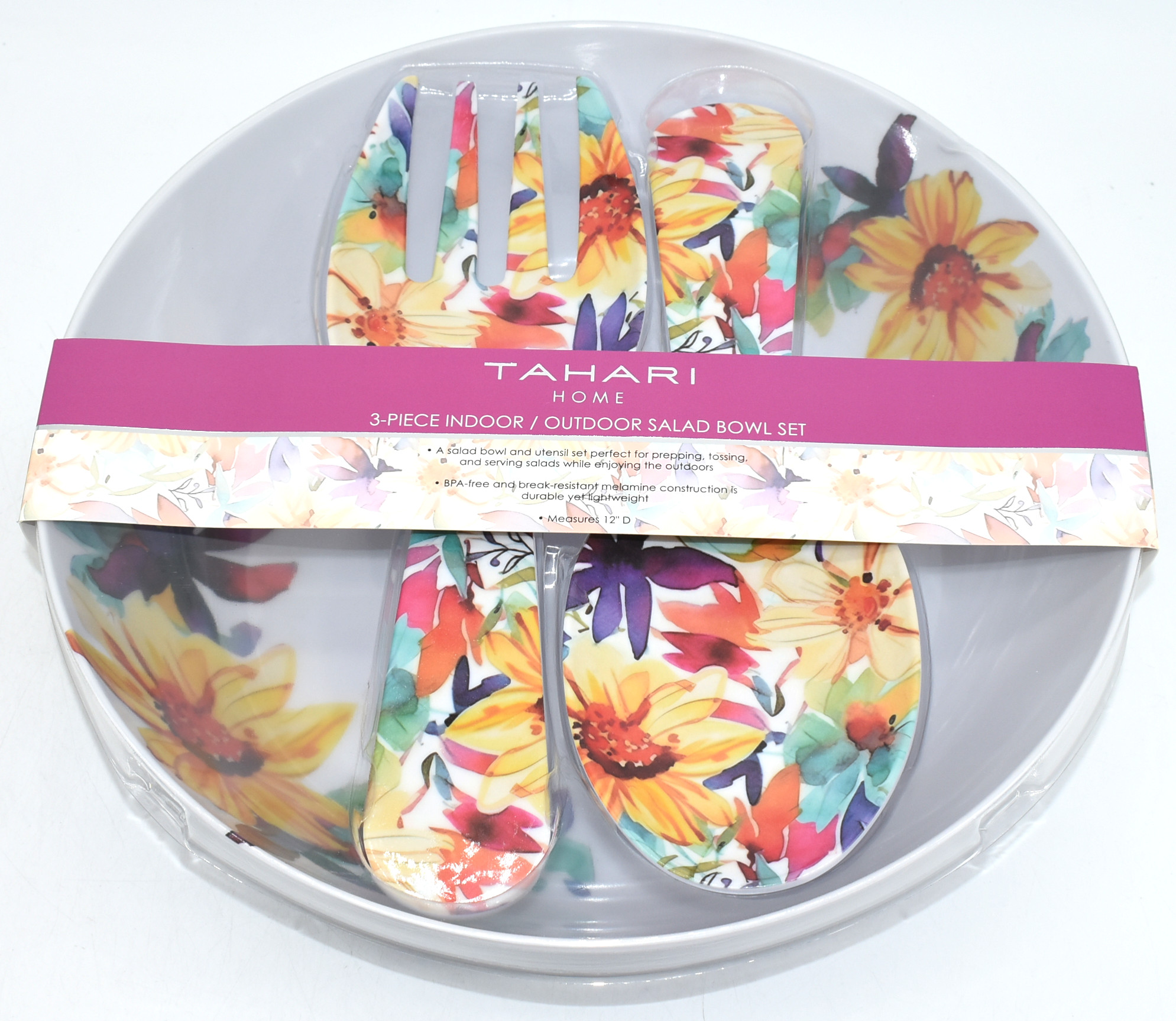 SALAD BOWL/SERVING UTENSIL SET WATERCOLOR FLORAL, TAHARI