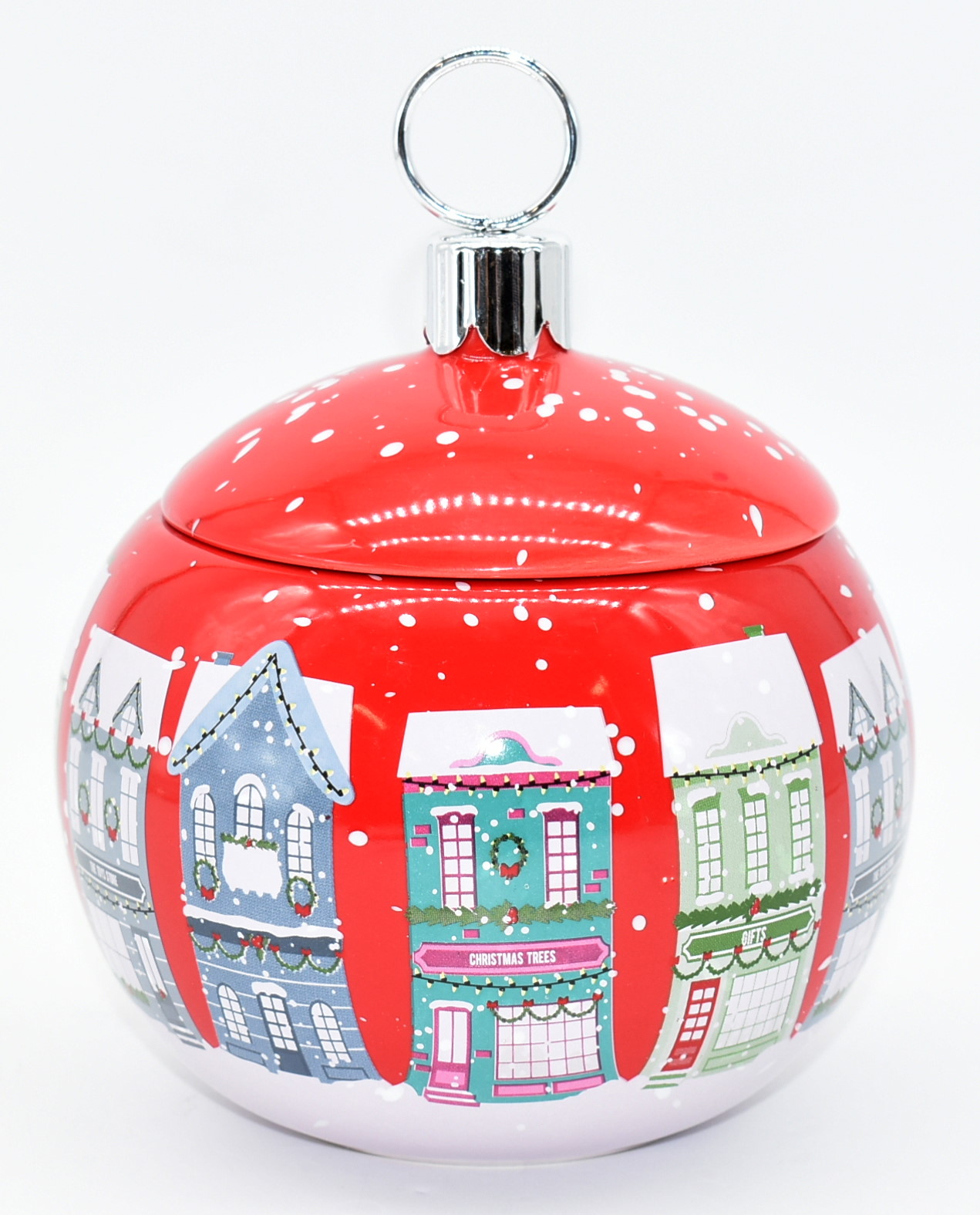 CONTAINER, SNOWY VILLAGE,  4 IN WITH LID, CERAMIC,  RED
