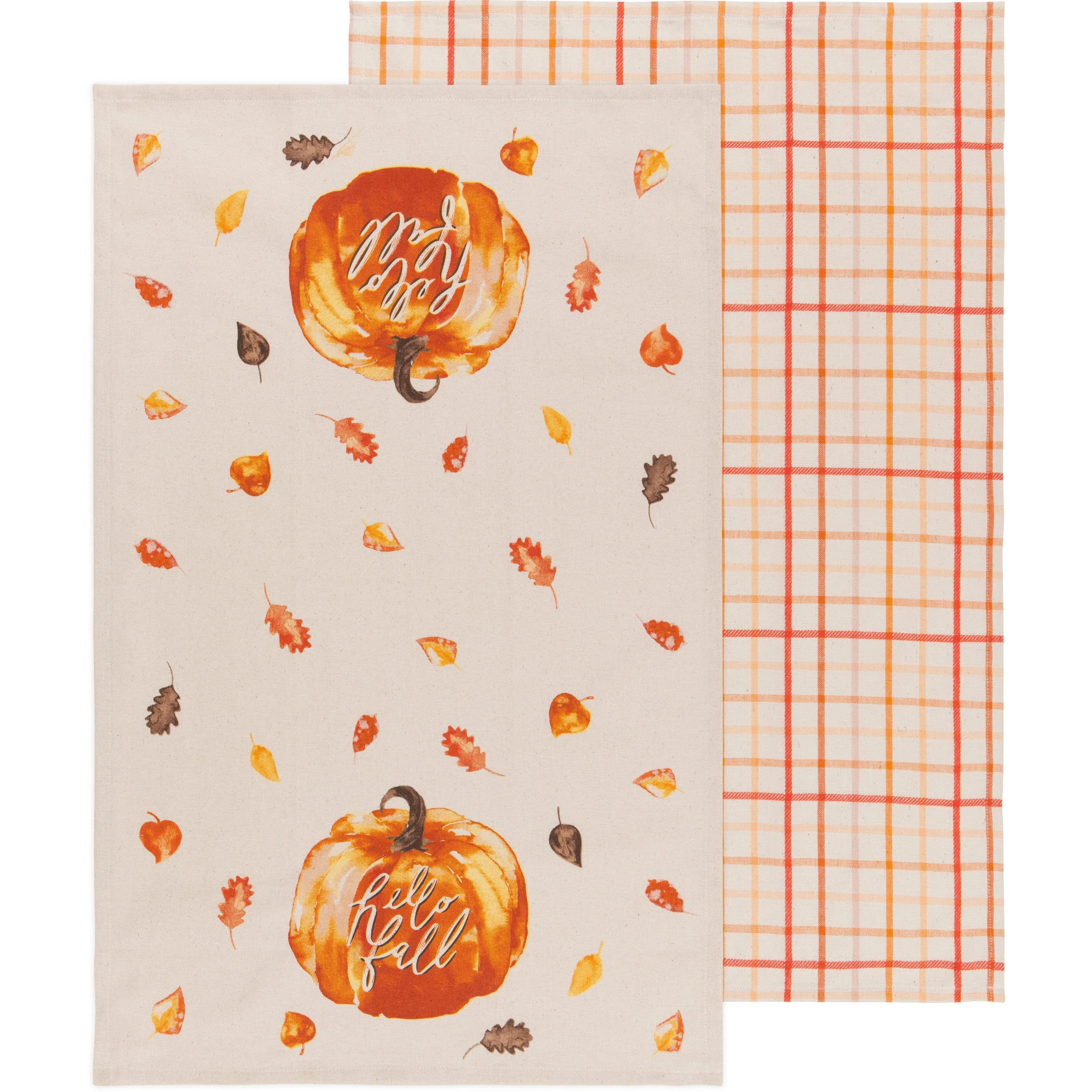 TEA TOWEL,  SET OF 2,  28X18,  HELLO FALL,  PUMPKIN,  PLAID