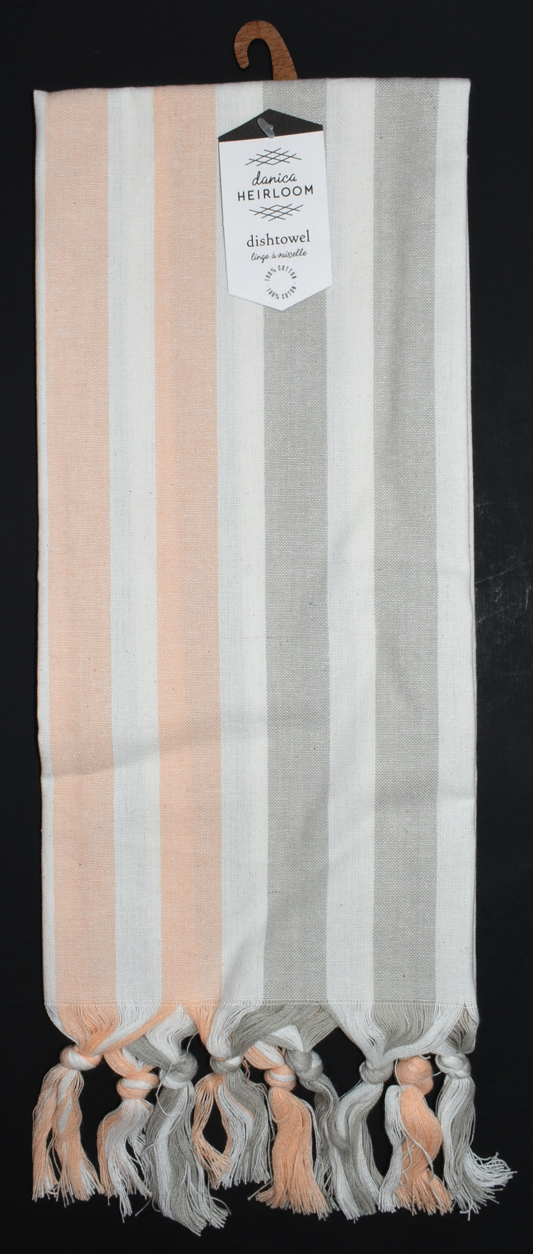 TEA TOWEL,  28X18,  CABANA STRIPE,  DOVE GREY AND ORANGE