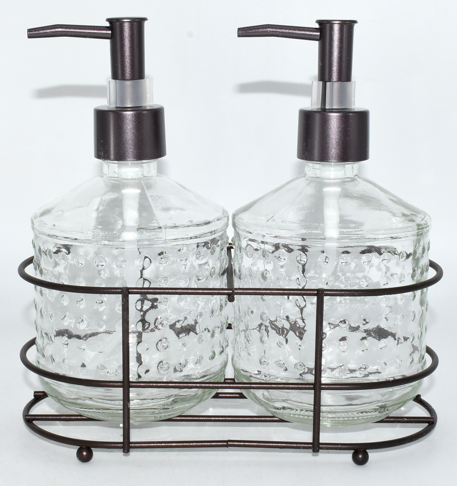 SOAP PUMP 3PC SET, VINTAGE HOBNAIL, IN BRONZE METAL CADDY