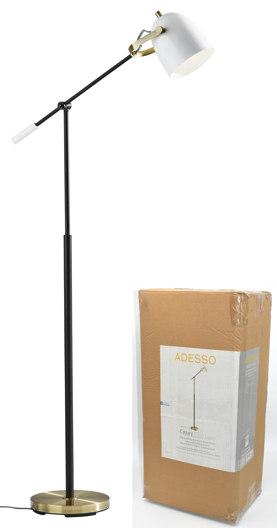 LAMP,  FLOOR,  65H, ANTIQUE BRASS BASE, PAINTED WHITE METAL SHADE