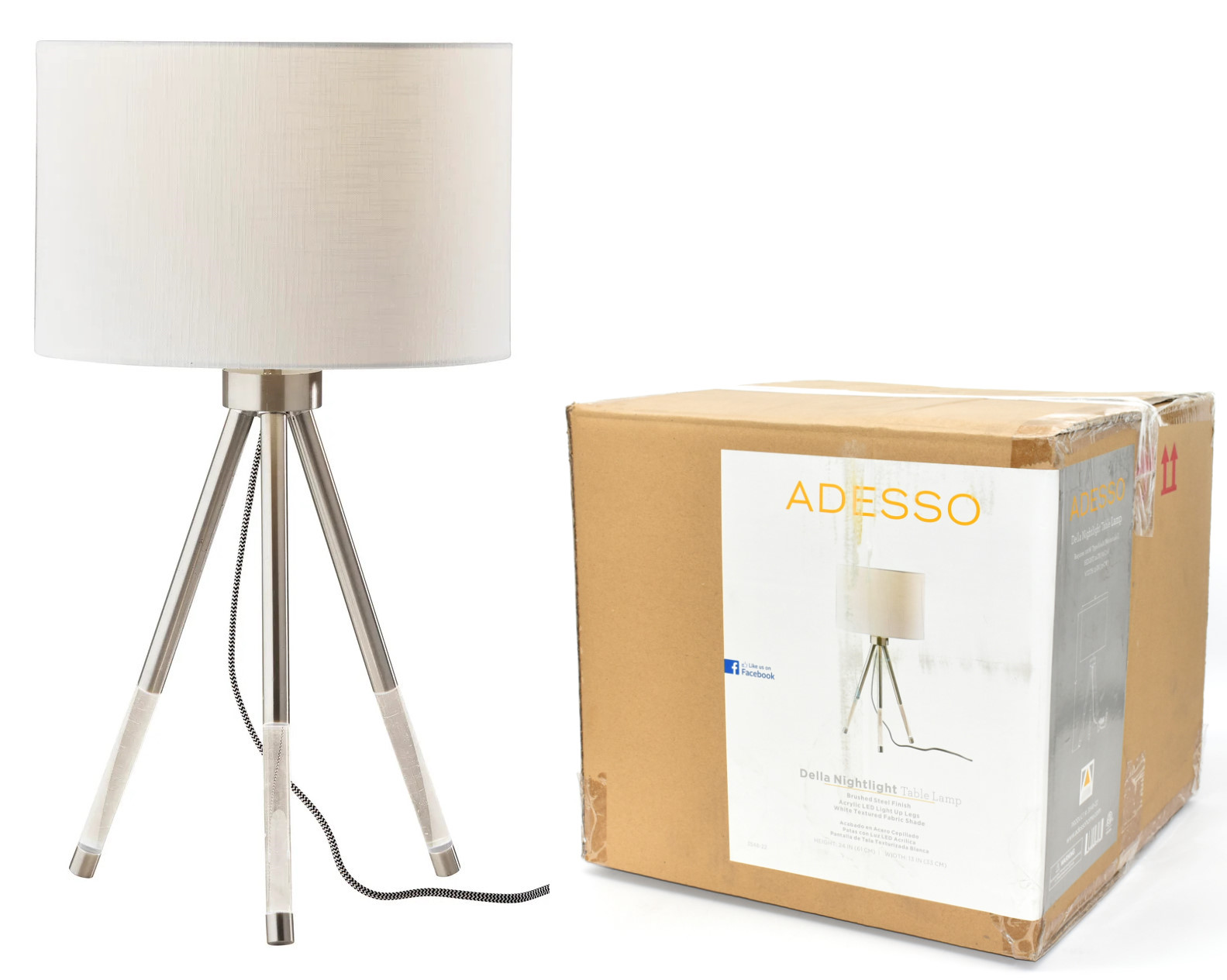 LAMP,  TABLE,  24H, BRUSHED STEEL TRIPOD BASE,  WHITE SHADE