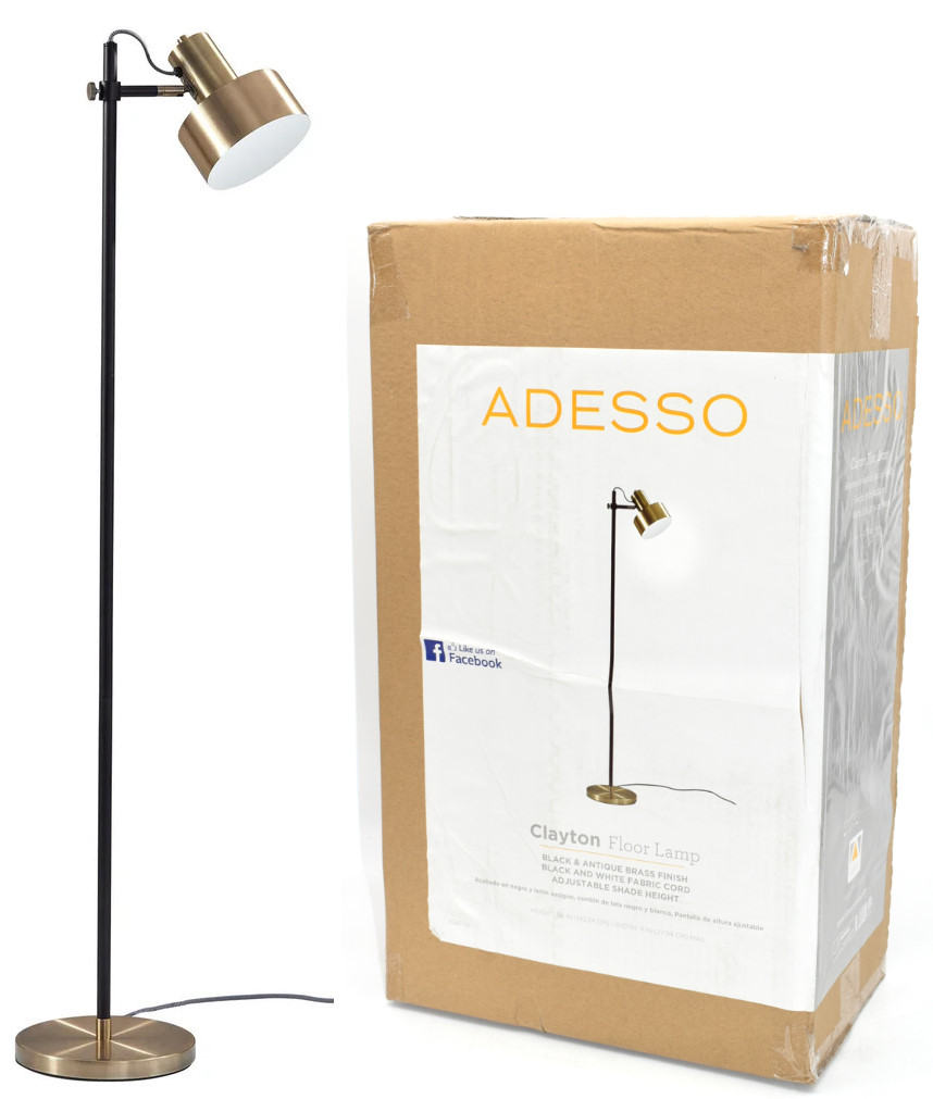 LAMP,  FLOOR,  56H, ANTIQUE BRASS BASE AND SHADE, COLOR LABEL
