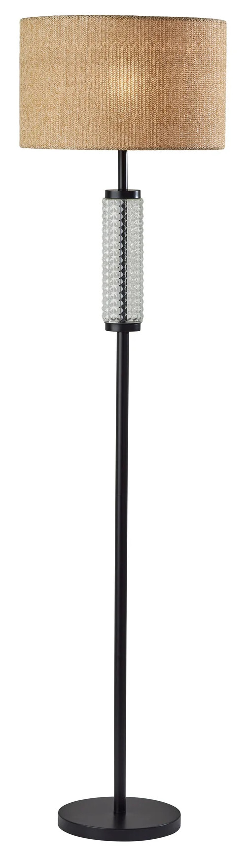 LAMP,  FLOOR,  65H, ANTIQUE BRASS BASE,  BLUE ACCENT, RATTAN SHADE
