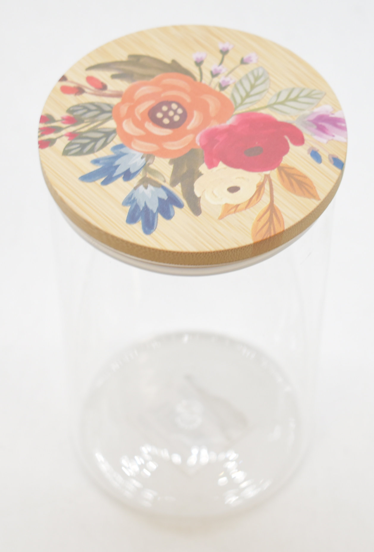 CANISTER,  GLASS,  34 OZ,  BAMBOO LID, HARVEST GARDEN, PRINTED LID