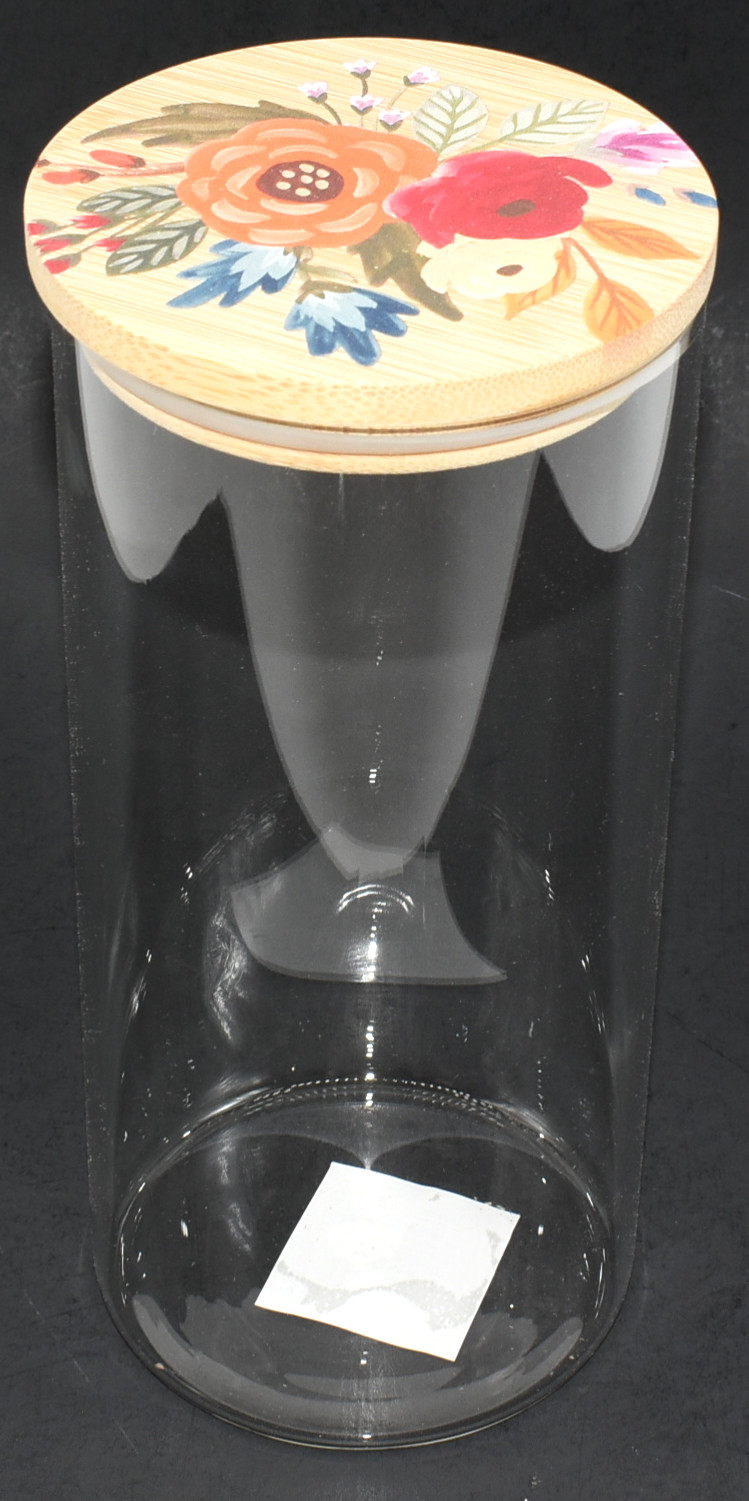 CANISTER,  GLASS,  44 OZ,  BAMBOO LID, HARVEST GARDEN, PRINTED LID