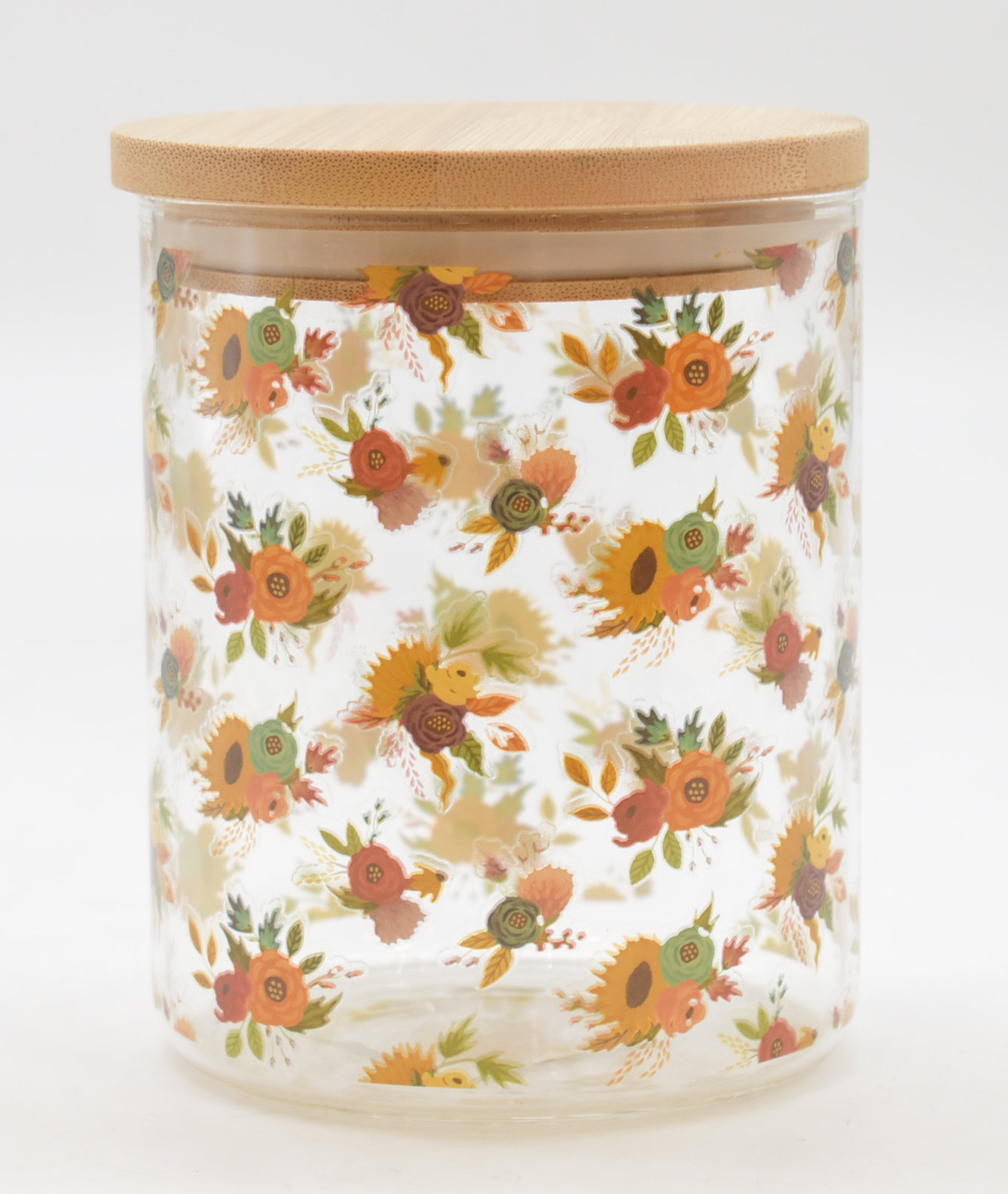 CANISTER,  GLASS,  24 OZ,  BAMBOO LID,  FLORAL PRINTED GLASS