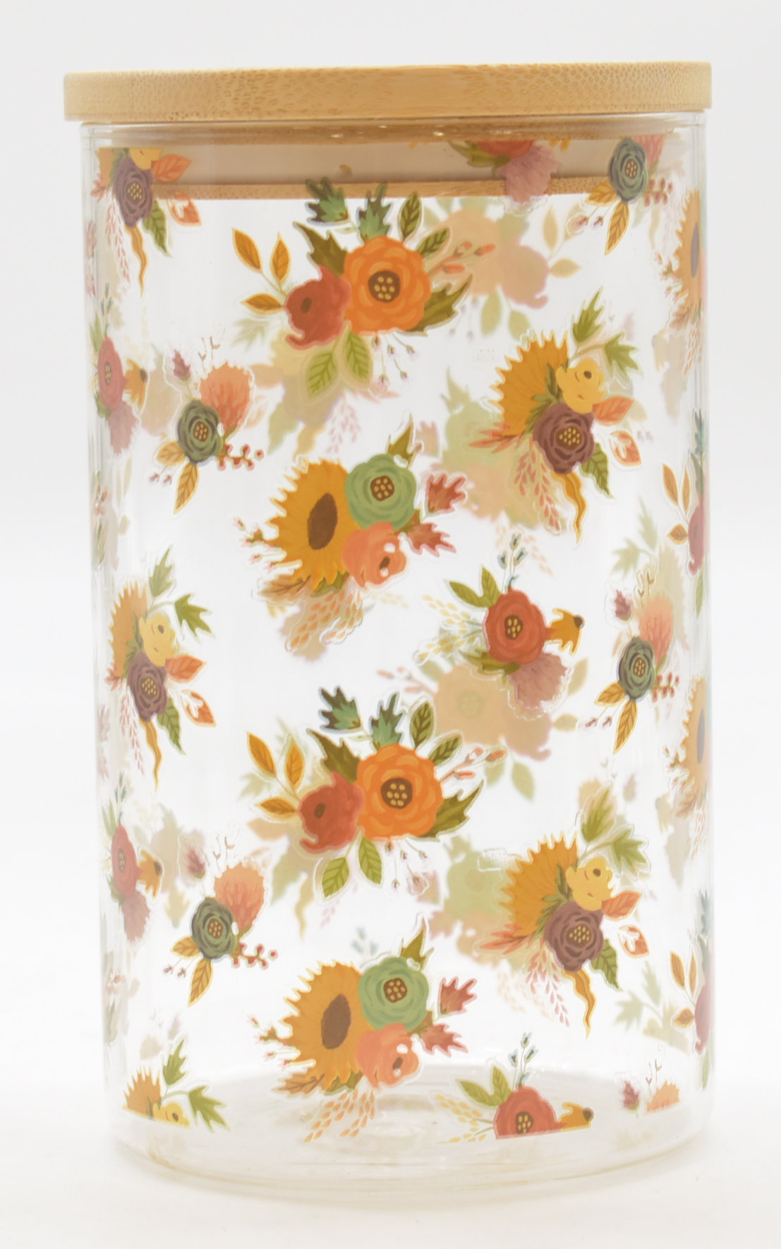 CANISTER,  GLASS,  34 OZ,  BAMBOO LID,  FLORAL PRINTED GLASS