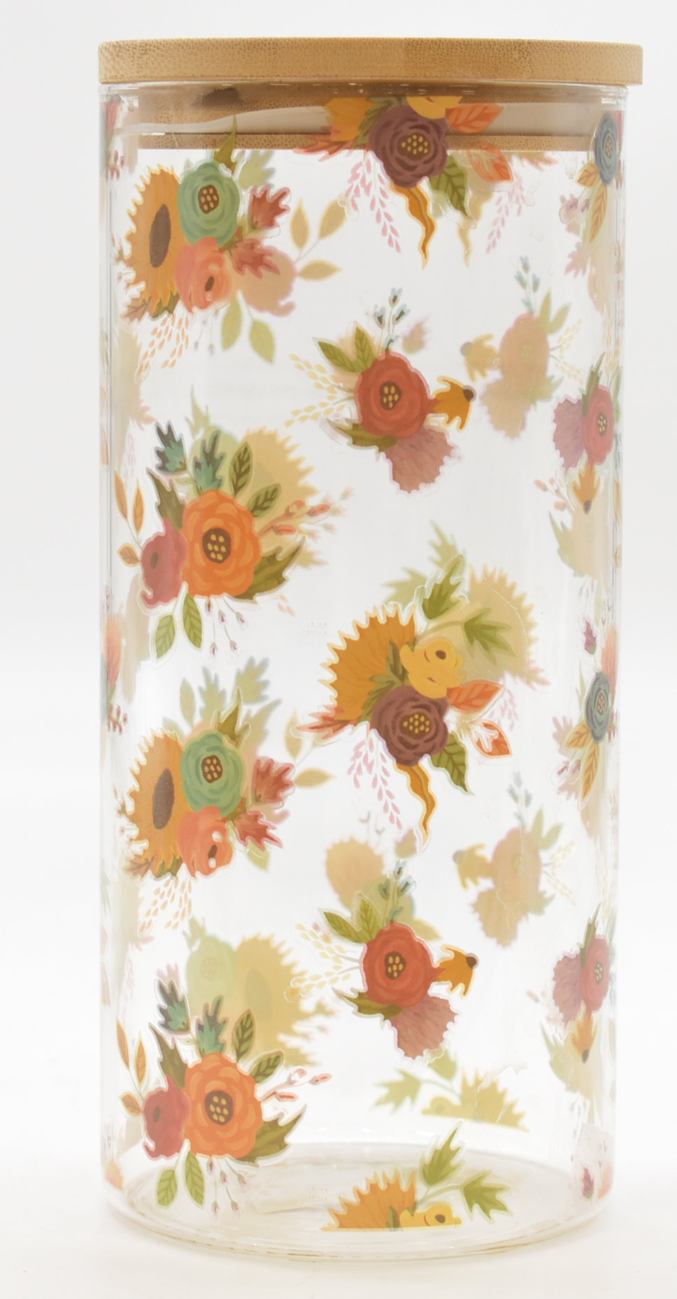 CANISTER,  GLASS,  44 OZ,  BAMBOO LID,  FLORAL PRINTED GLASS