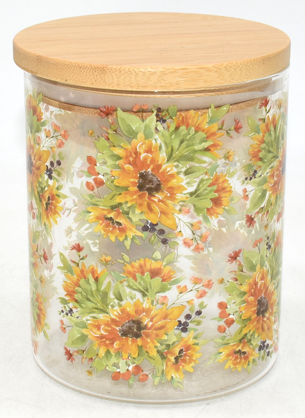 CANISTER,  GLASS,  24 OZ,  BAMBOO LID,  PRINTED,  HARVEST GARDEN