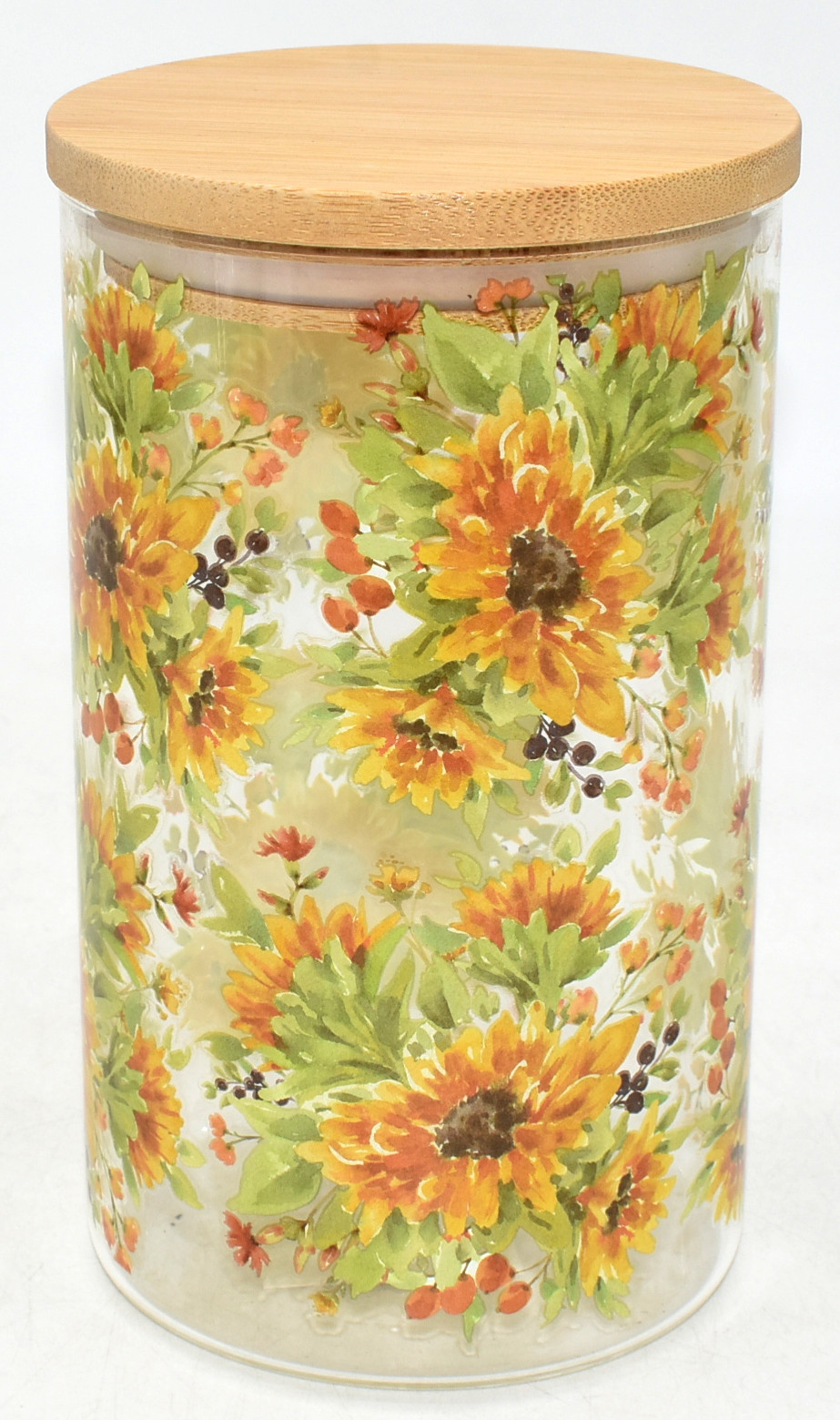 CANISTER,  GLASS,  34 OZ,  BAMBOO LID,  PRINTED,  HARVEST GARDEN