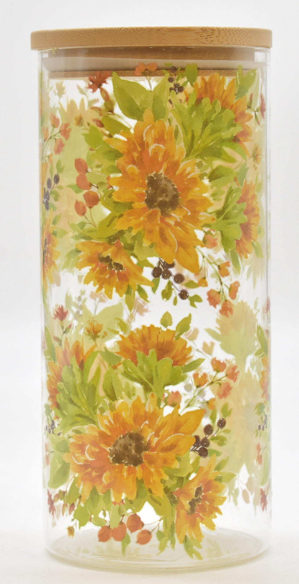 CANISTER,  GLASS,  44 OZ,  BAMBOO LID,  PRINTED,  HARVEST GARDEN