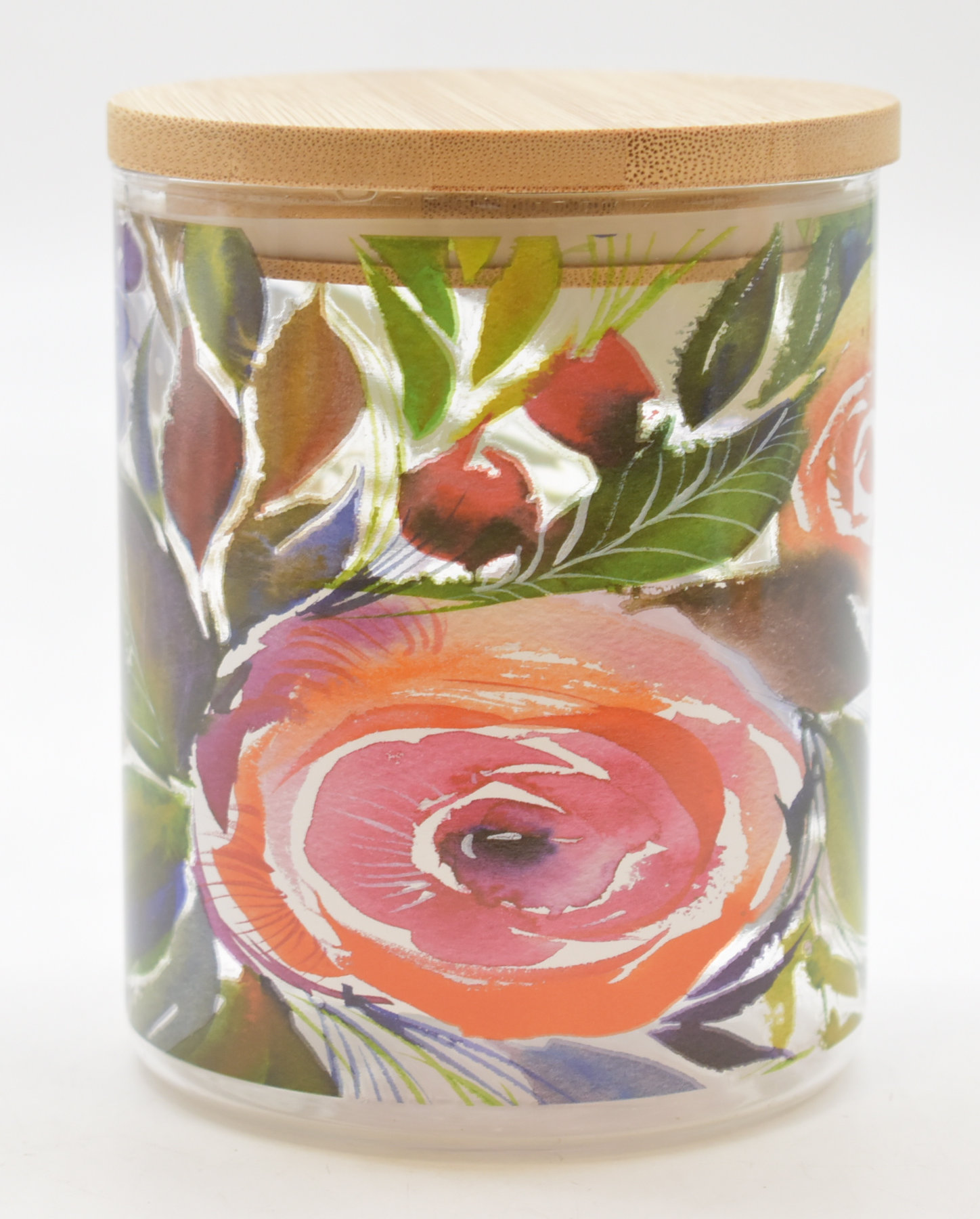 CANISTER,  GLASS,  24 OZ,  BAMBOO LID,  PRINTED,  BLOOMING ROSES