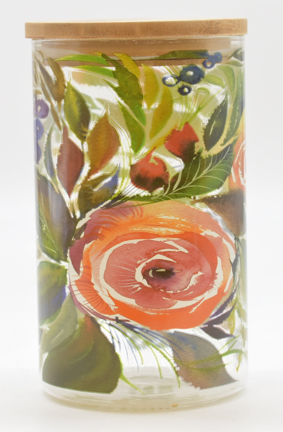 CANISTER,  GLASS,  34 OZ,  BAMBOO LID,  PRINTED,  BLOOMING ROSES