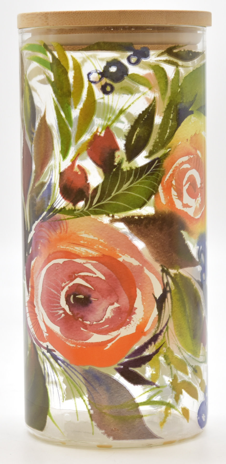 CANISTER,  GLASS,  44 OZ,  BAMBOO LID,  PRINTED,  BLOOMING ROSES