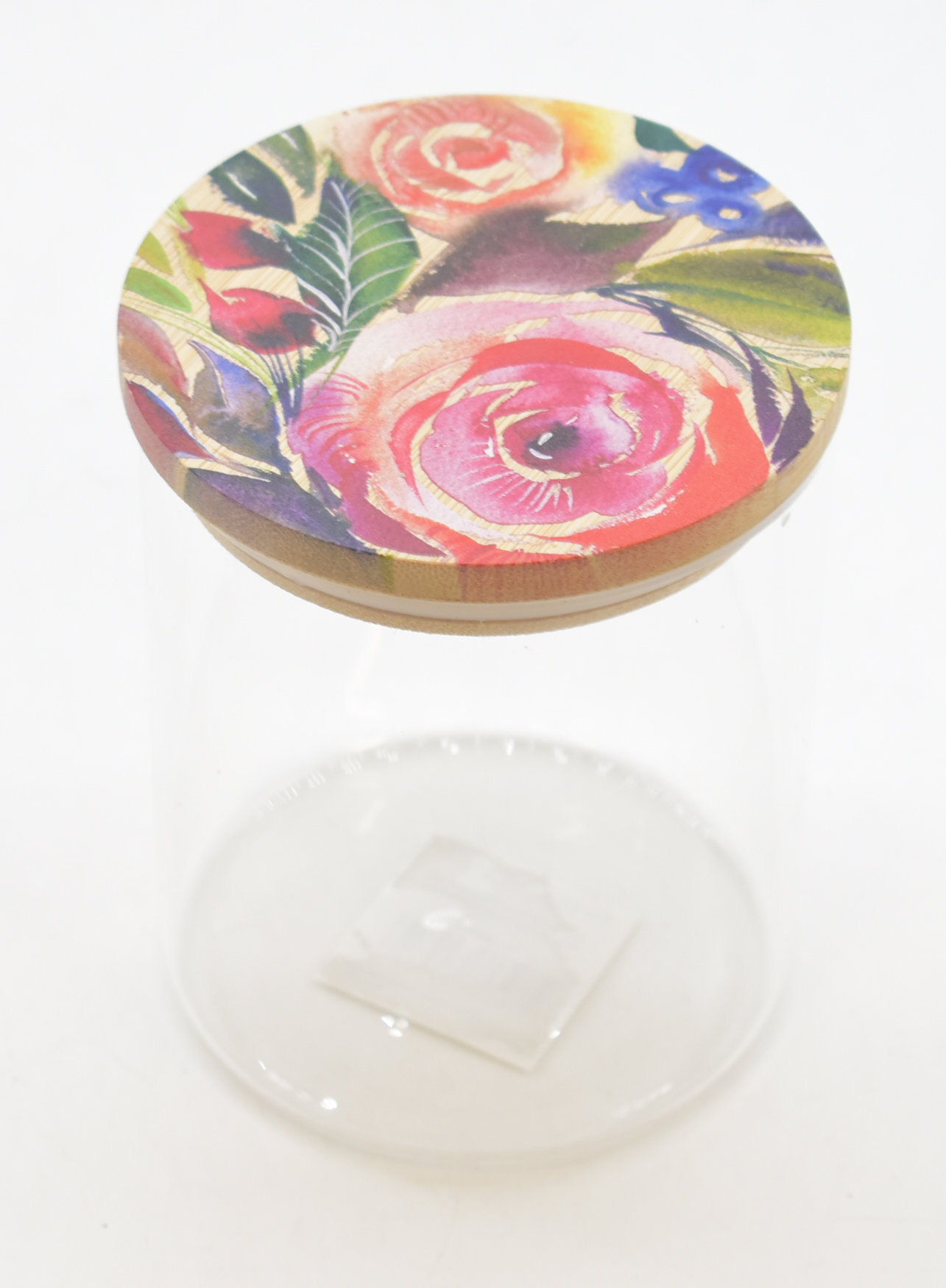 CANISTER,  GLASS,  24 OZ,  BAMBOO LID,  FLORAL PRINTED LID