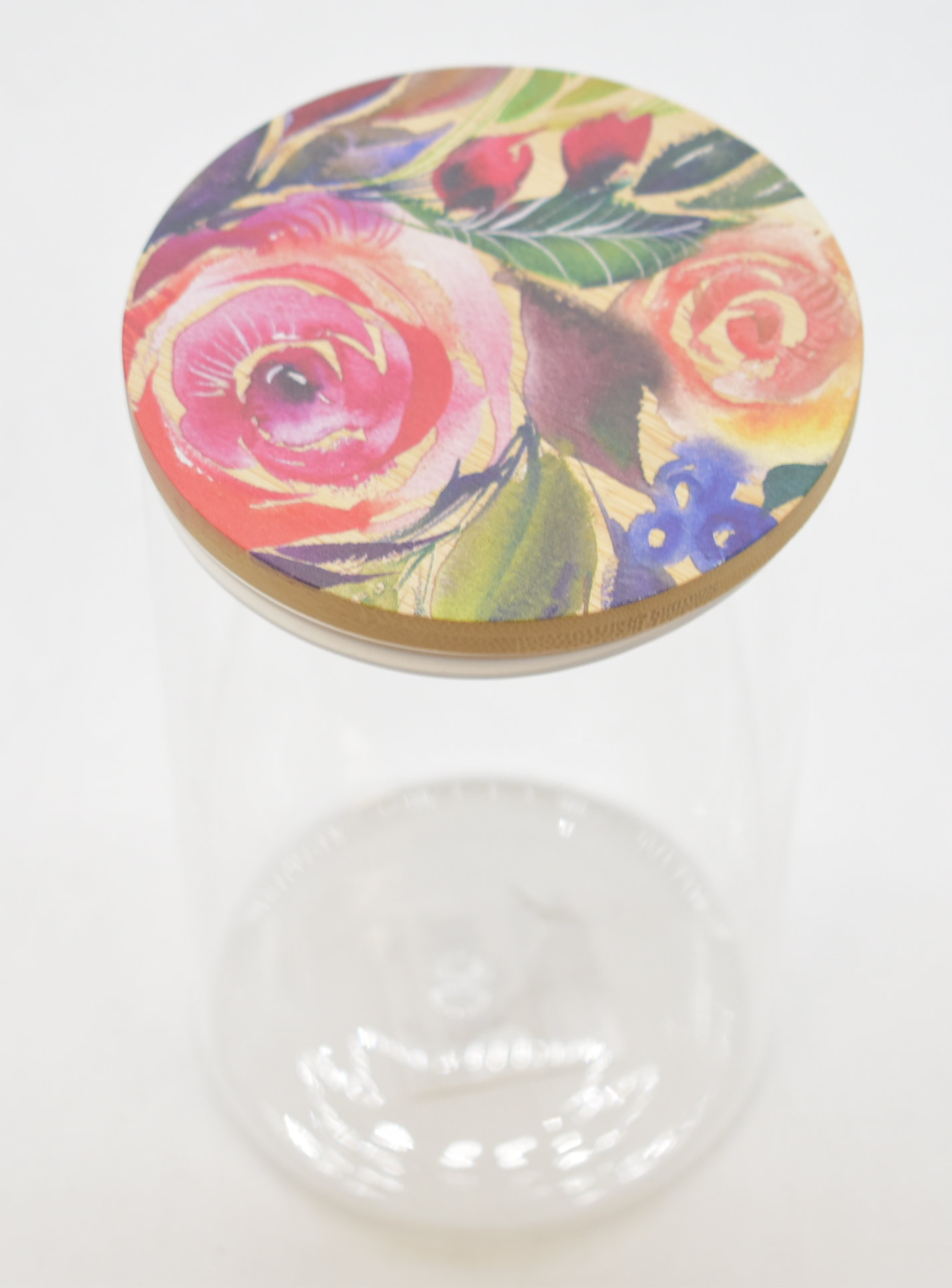 CANISTER,  GLASS,  34 OZ,  BAMBOO LID,  FLORAL PRINTED LID