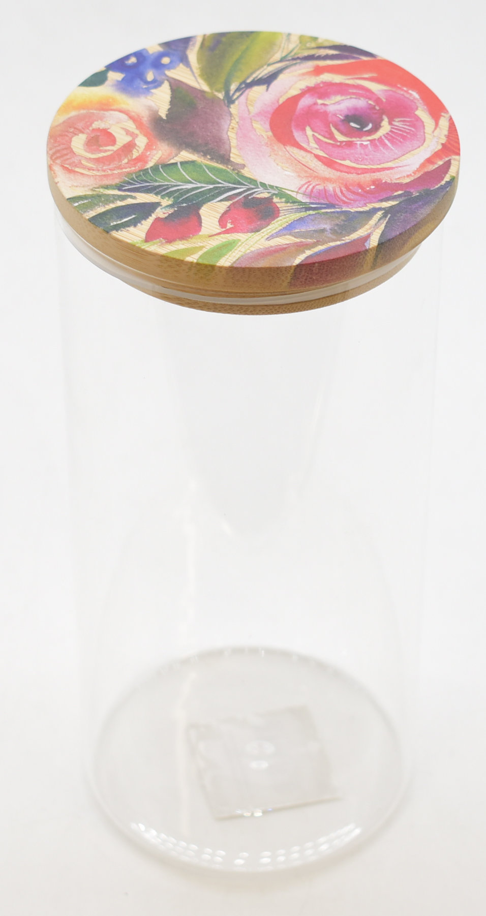 CANISTER,  GLASS,  44 OZ,  BAMBOO LID,  FLORAL PRINTED LID