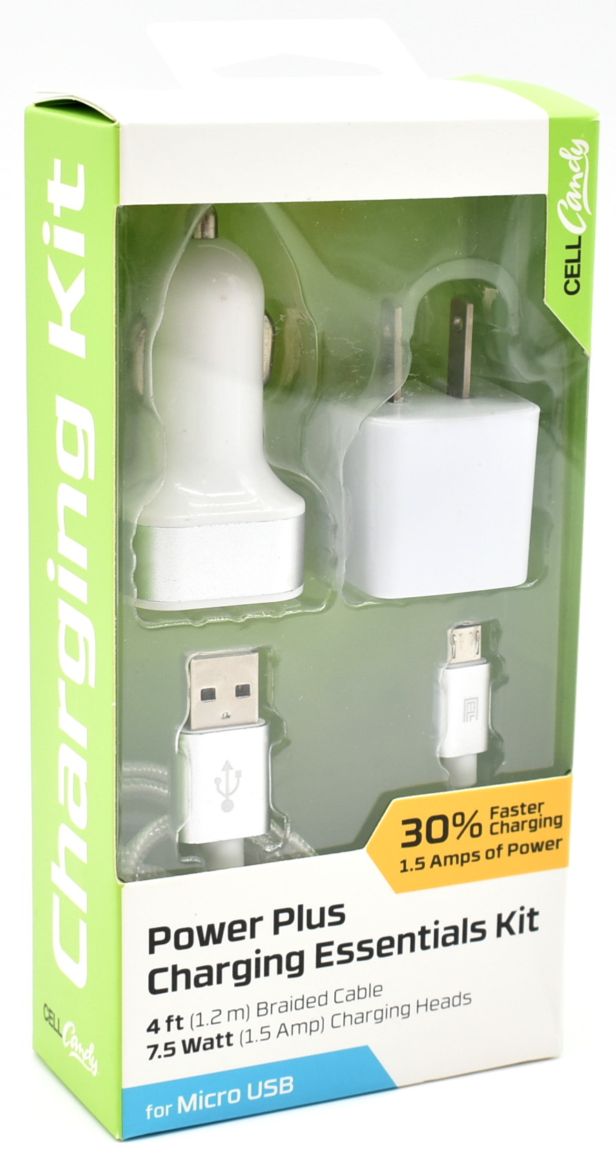 CAR CHARGING PHONE KIT,  3PC. 4FT.MICRO USB, 1.5A, WH.WDW BX