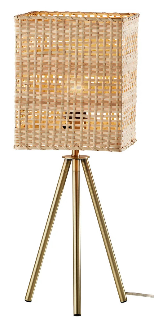 LAMP,  TABLE,  25H, ANTIQUE BRASS TRIPOD BASE,  RATTAN SHADE,  CUL