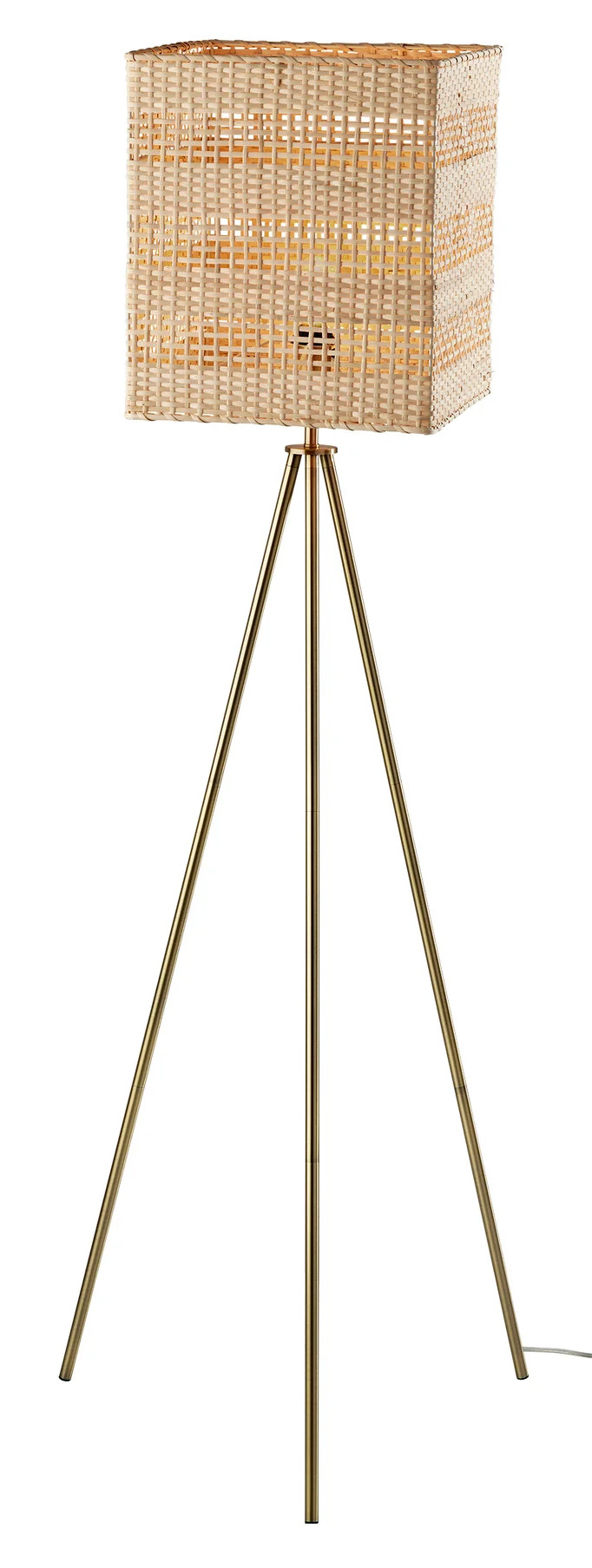 LAMP,  FLOOR,  65H, ANTIQUE BRASS TRIPOD BASE,  RATTAN SHADE,  CUL