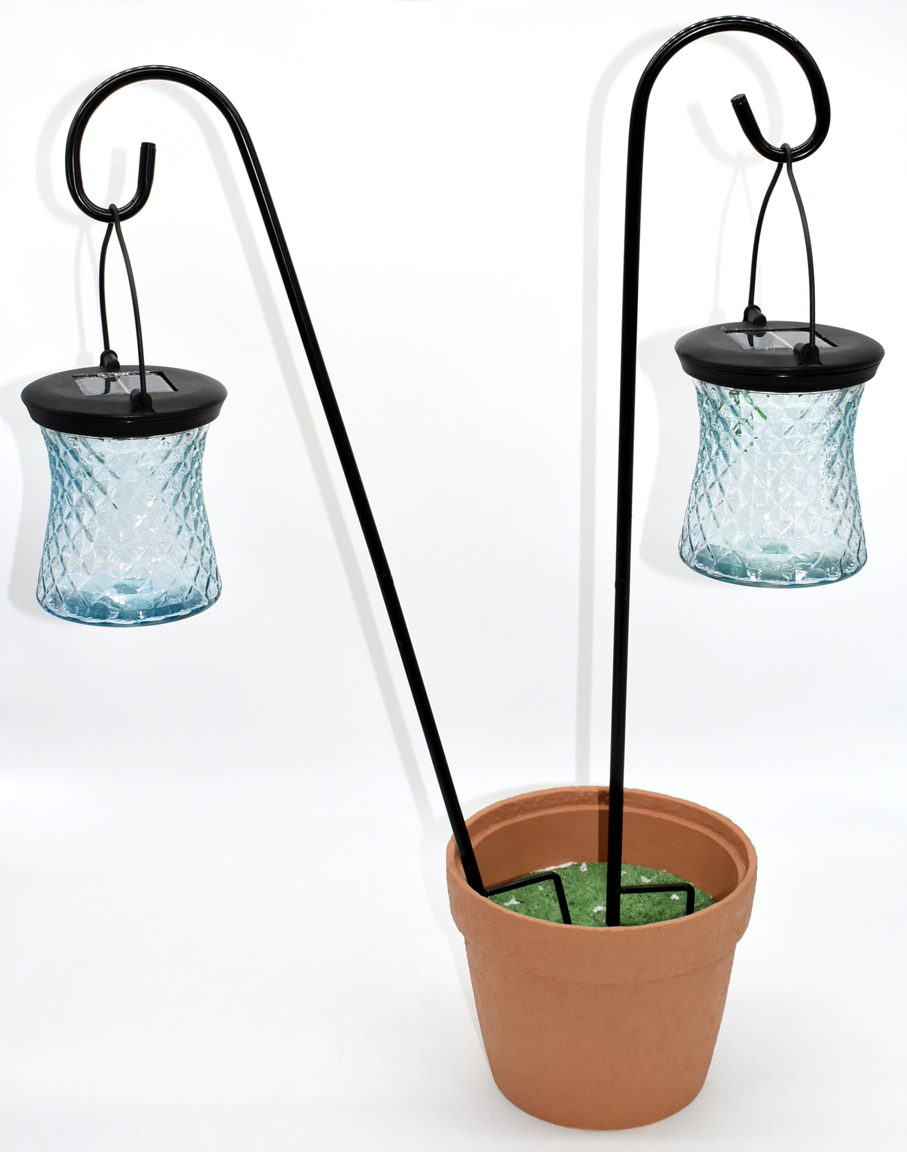 LANTERN, 2PC SET, BLUE, DIAMOND GLASS WITH SHEPHERD HOOKS