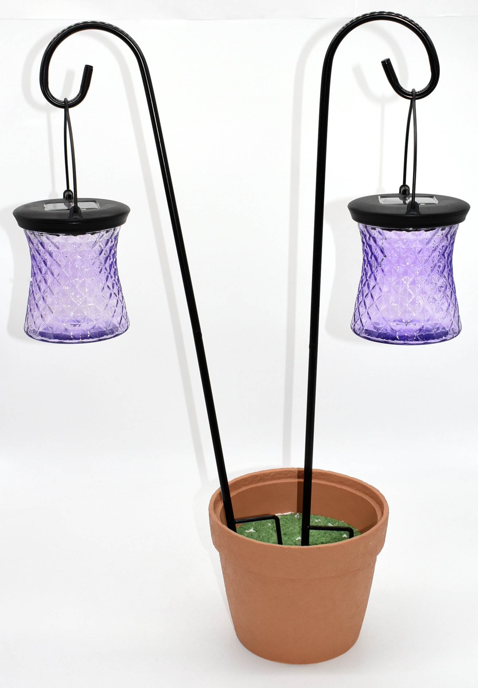 LANTERN, 2PC SET, PURPLE, DIAMOND GLASS WITH SHEPHERD HOOKS