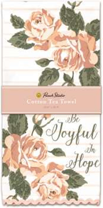 TOWEL,  TEA,  JOYFUL IN HOPE WHITE,  PINK ROSES