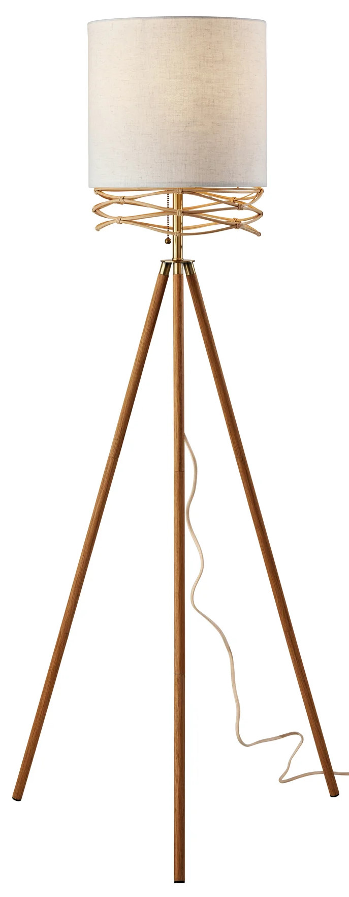 LAMP,  FLOOR,  60H,  WOOD TRIPOD BASE,  WHITE SHADE WITH RATTAN
